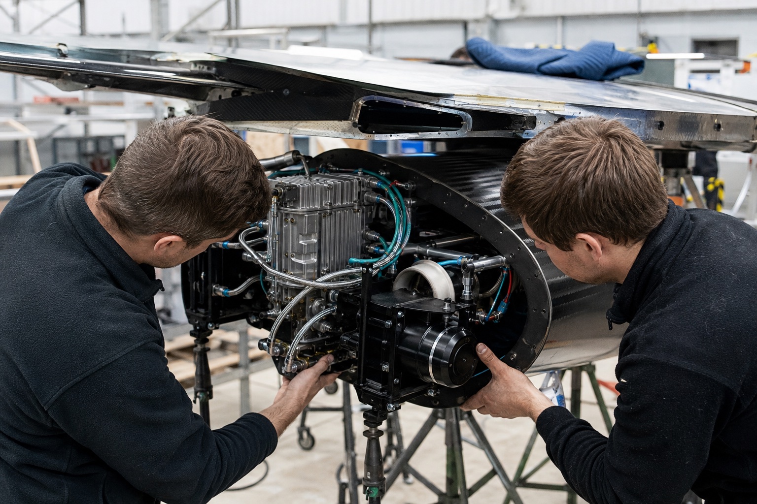 Engineers integrating electric propulsion hardware into an aircraft wing