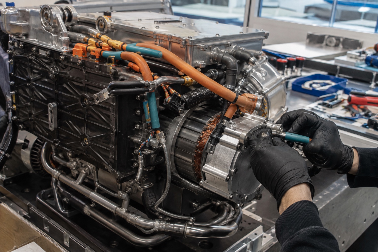 Hybrid-electric propulsion hardware being assembled on an engineering bench